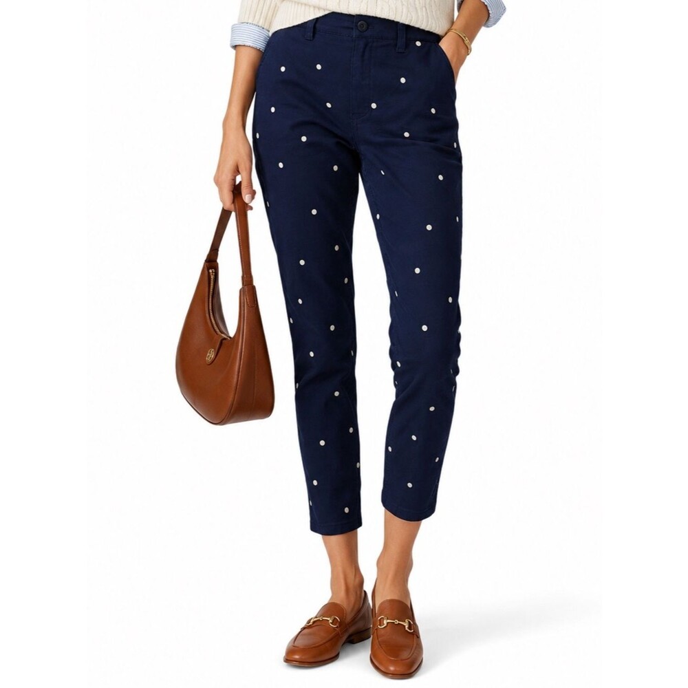 NWT J. Crew Vintage Straight Pant 25 Navy Blue White Polka Dot Embroidered Chino